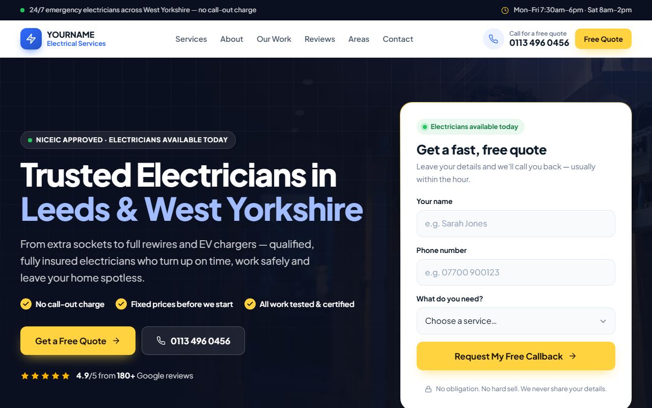 Electrician demo website on a desktop screen