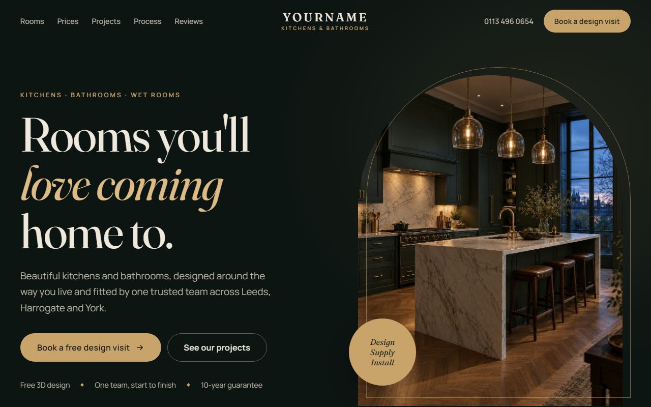 Kitchen and bathroom fitter demo website on a desktop screen