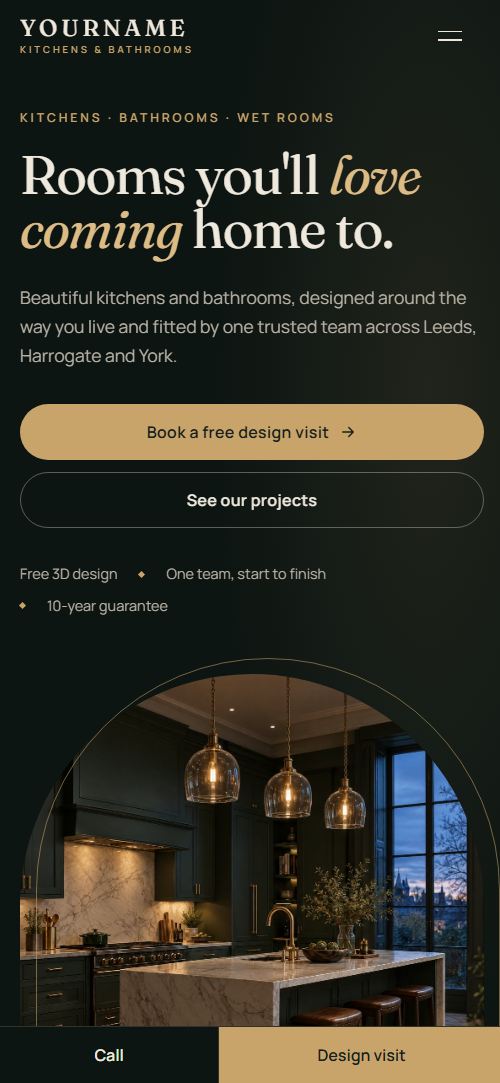 Kitchen and bathroom fitter demo website on a phone